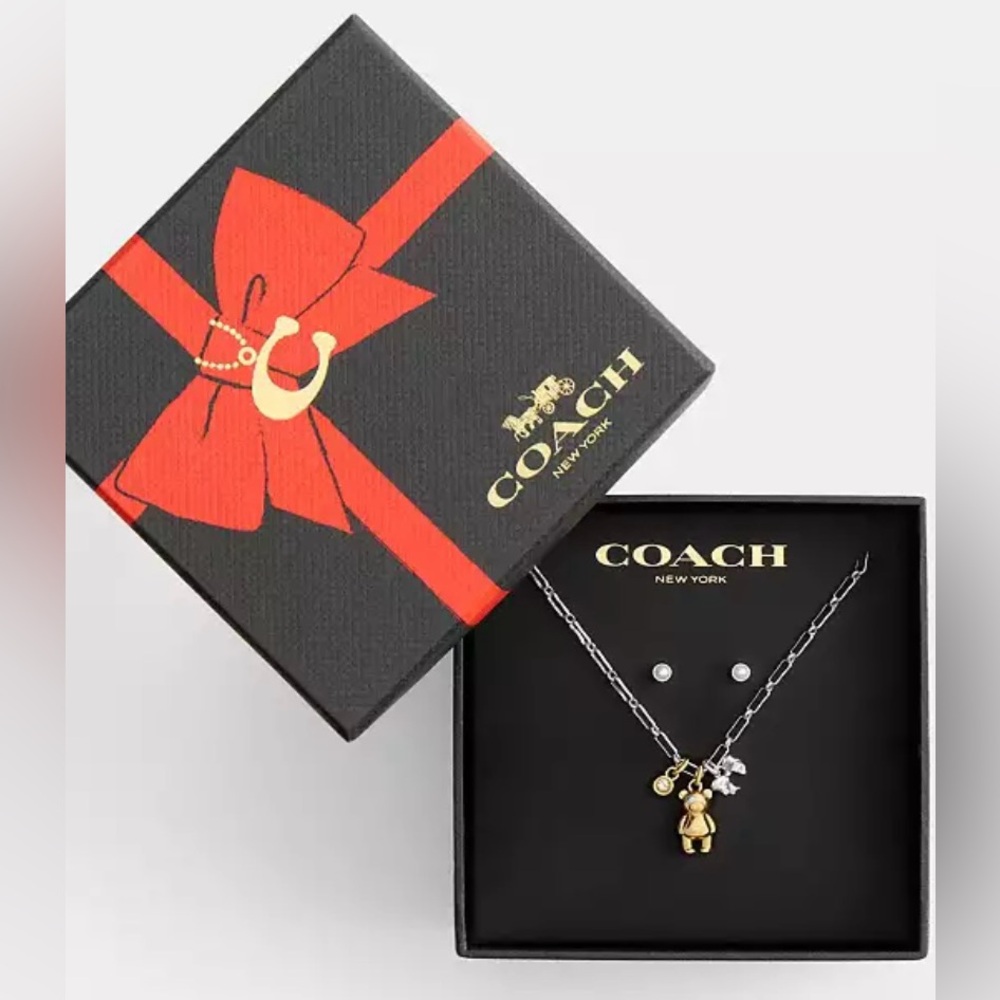 NWT Coach Boxed Teddy Bear And Bow Earrings And Necklace Set